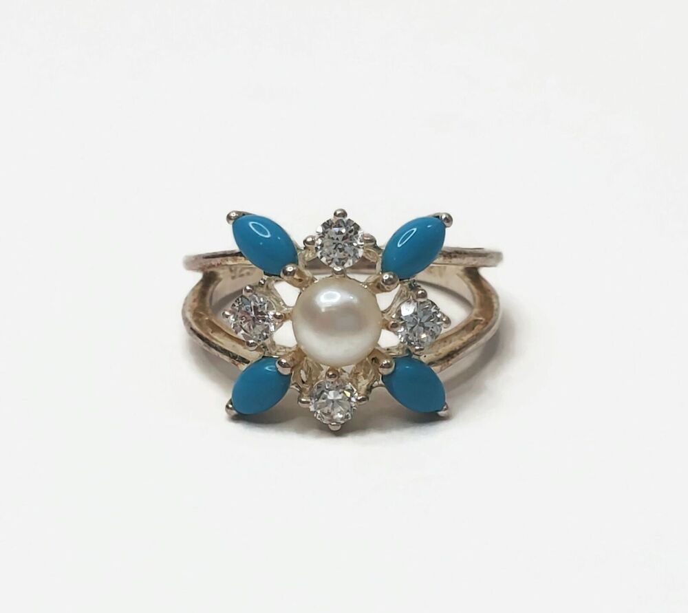 Freshwater Pearl, Faux Turquoise & Rhinestone Sterling Silver Ring Size 9